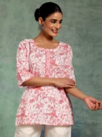 White Printed Cotton Straight Kurti