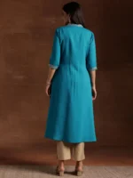 Blue Yoke Design Silk A-Line Kurta - Image 3