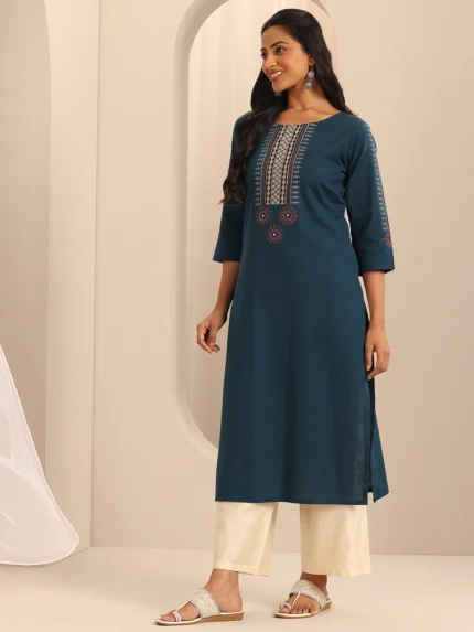 Navy Printed Cotton Blend Straight Kurta
